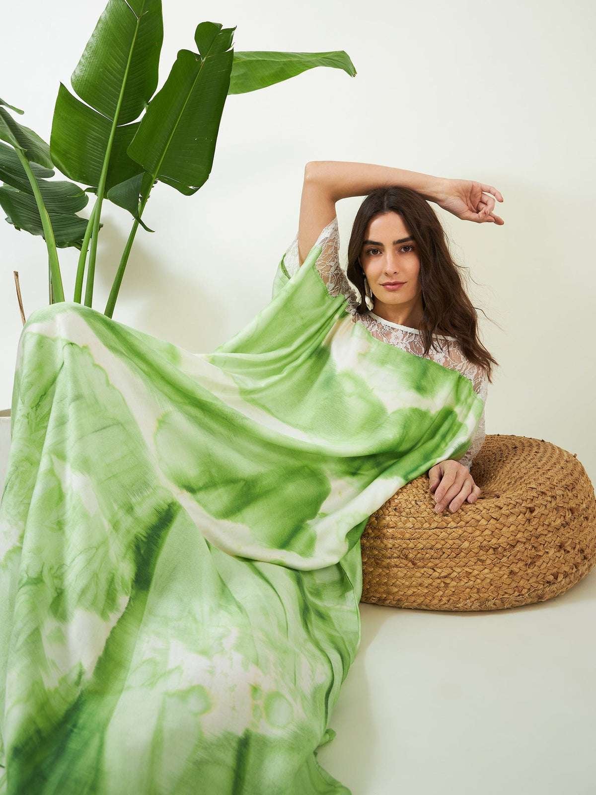 Women's Cotton Tie Dye Print Lace Trim, V-Neck, Full Length, Beach Casual Wear, Spring Collection Kaftan ( Green White ) - Image 4