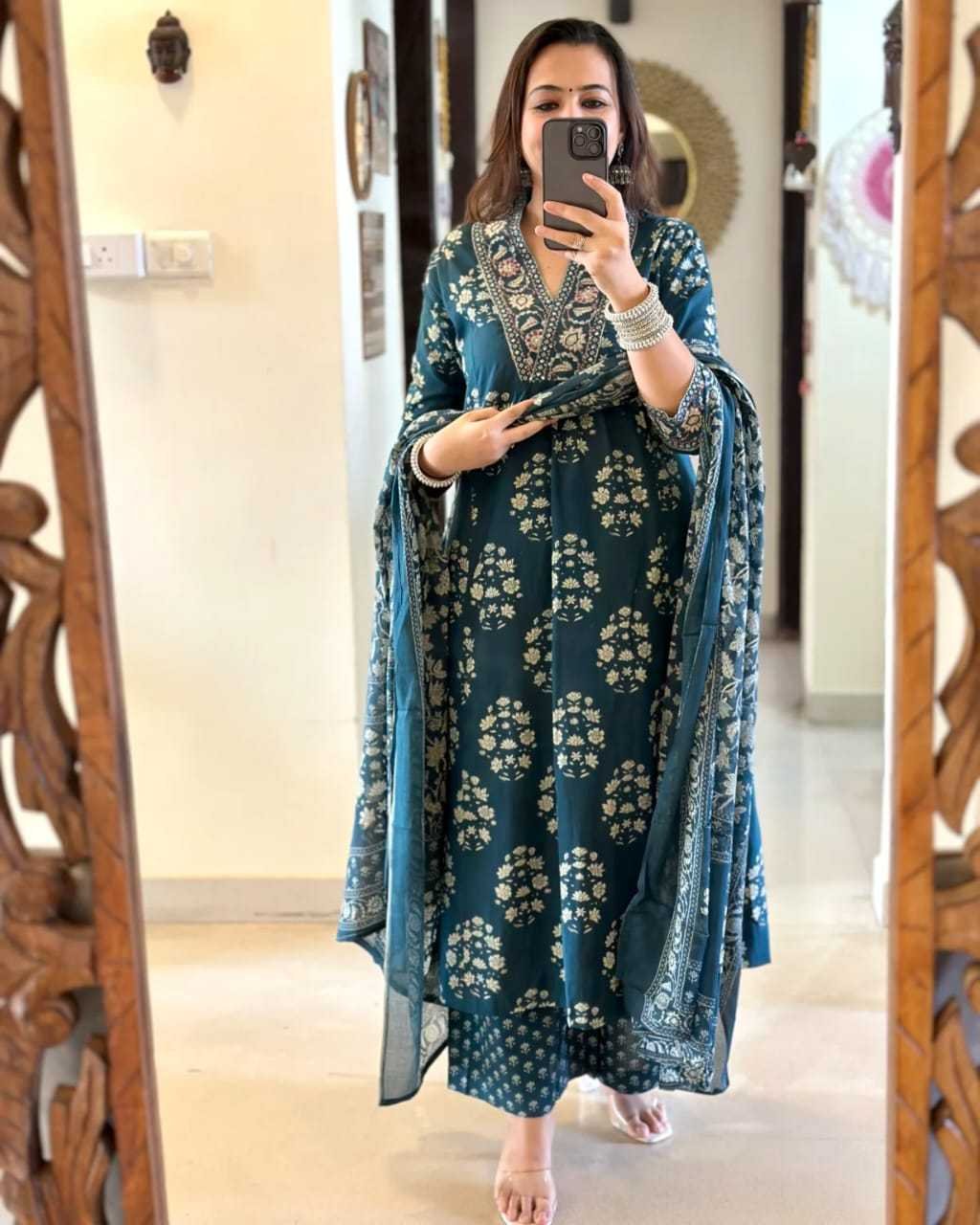 Women's Cotton Floral Printed Anazrkali Kurti with Pant & Dupatta Set