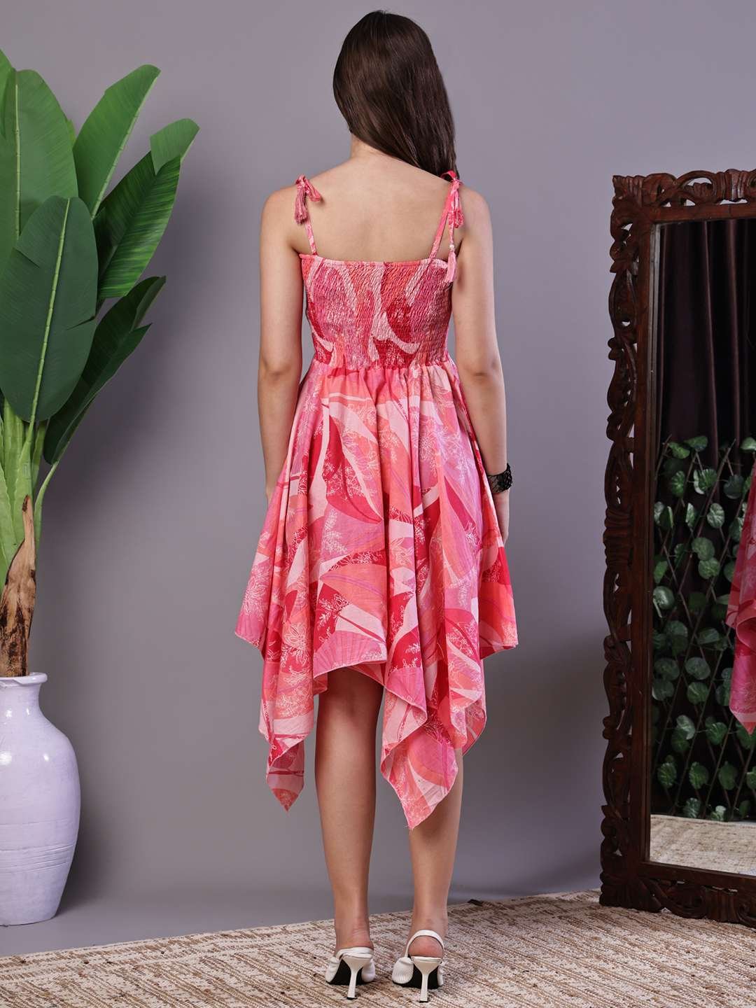 Women's Pink Printed Cotton Handkerchief Hem Midi Dress Midi Dresses - Image 2