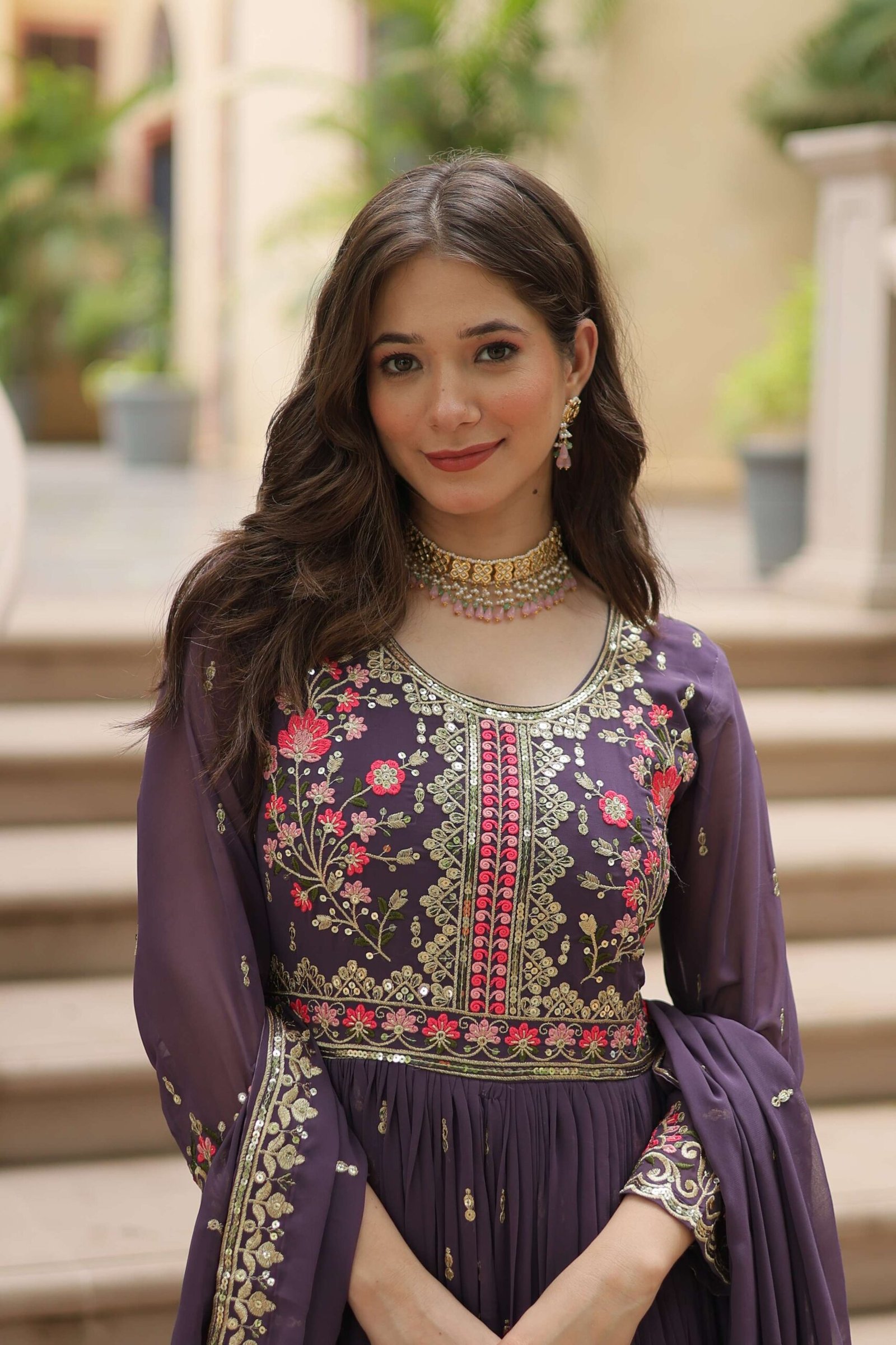 Onion Faux Georgette Sequins Embroidered Kurti with Sharara & Dupatta Set - Image 2