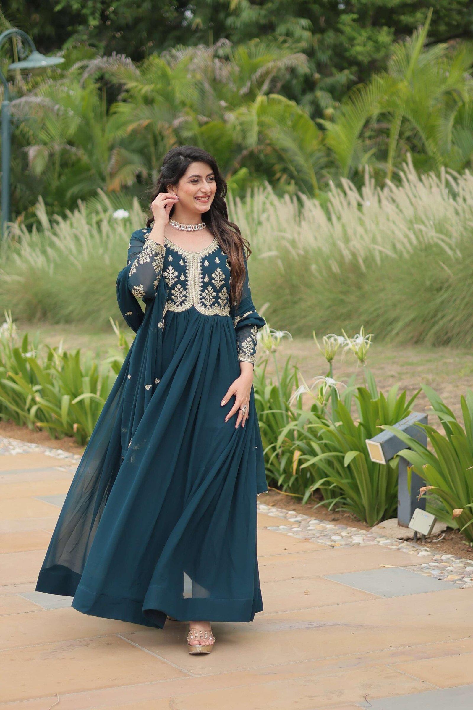 Teal-Blue Elegant Kutchi Gamthi Work Reyon Gown with Heavy Flair - Image 7