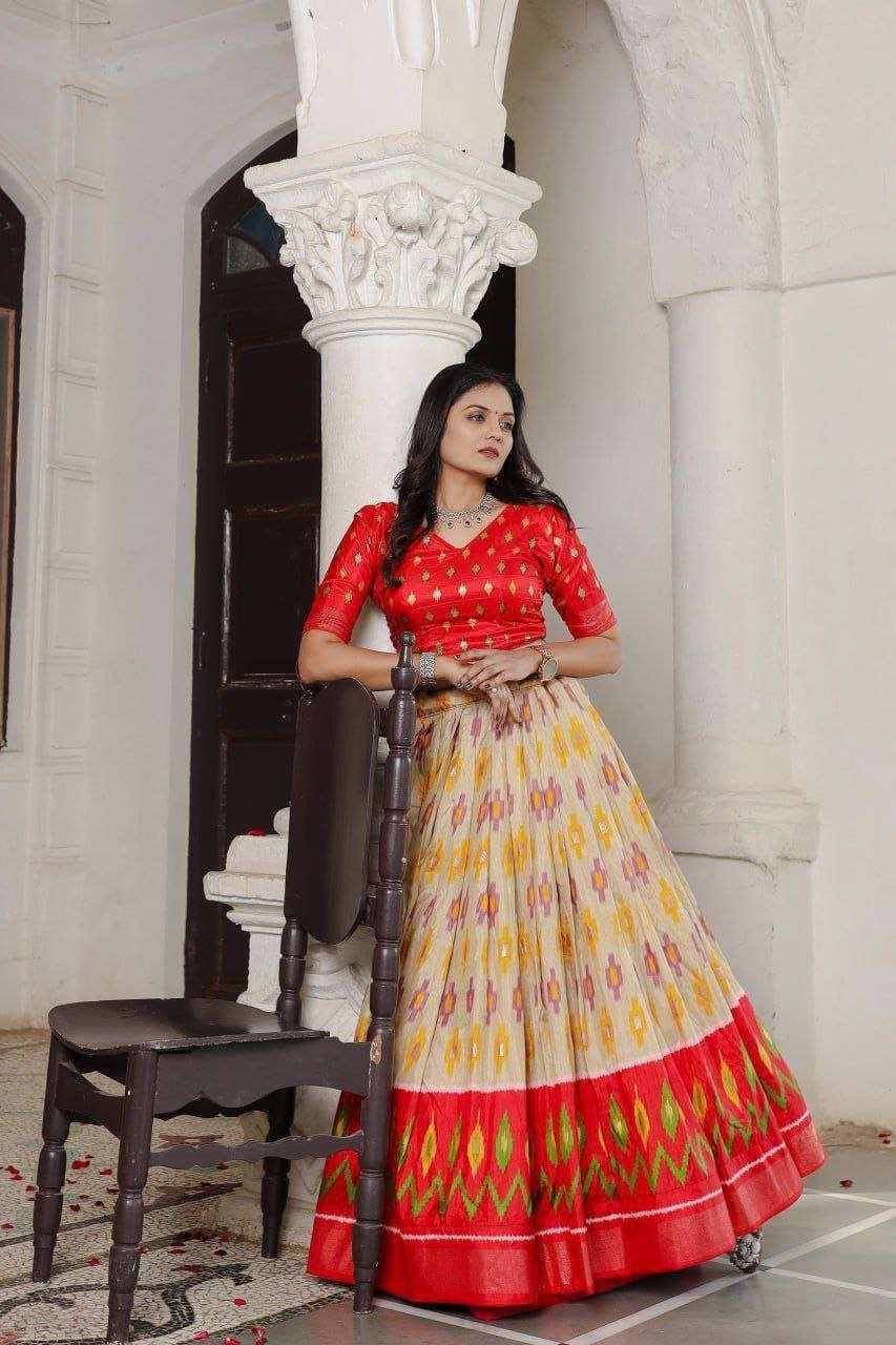 Scarlet Yellow Dola Silk Lehenga Choli with Red Blouse | Patola Print & Foil Work | Wedding & Festive Wear - Image 2