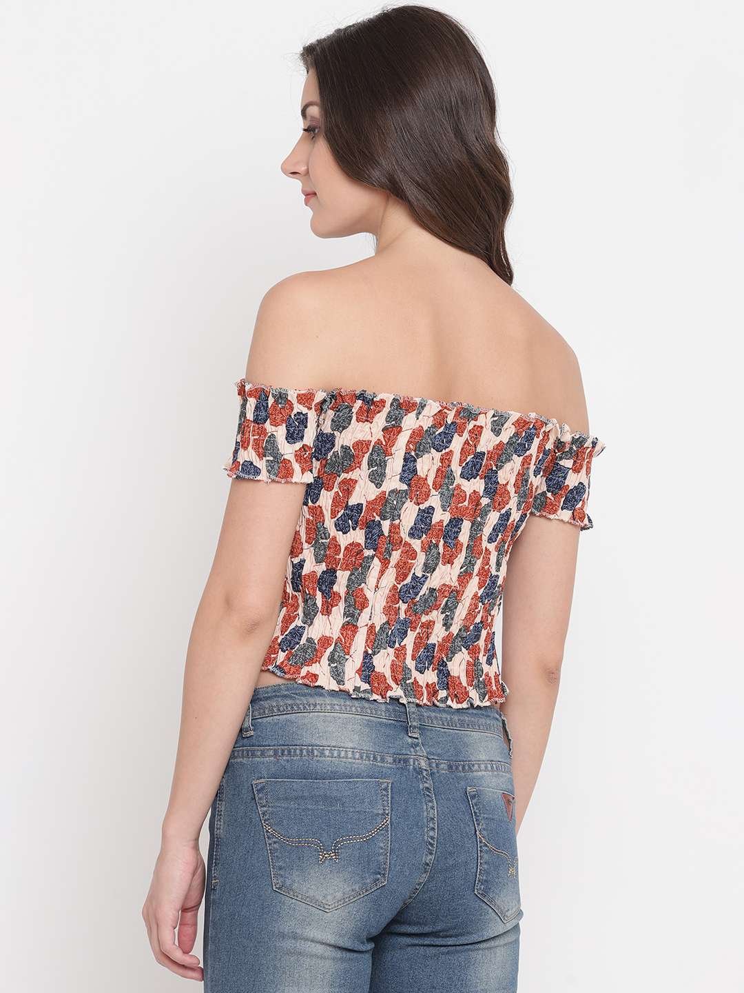 Women's Rayon Printed Off-Shoulder Smocked Crop Top Short Sleeve Casual Styles Tank Top (FREE SIZE) Multi45 - Image 2